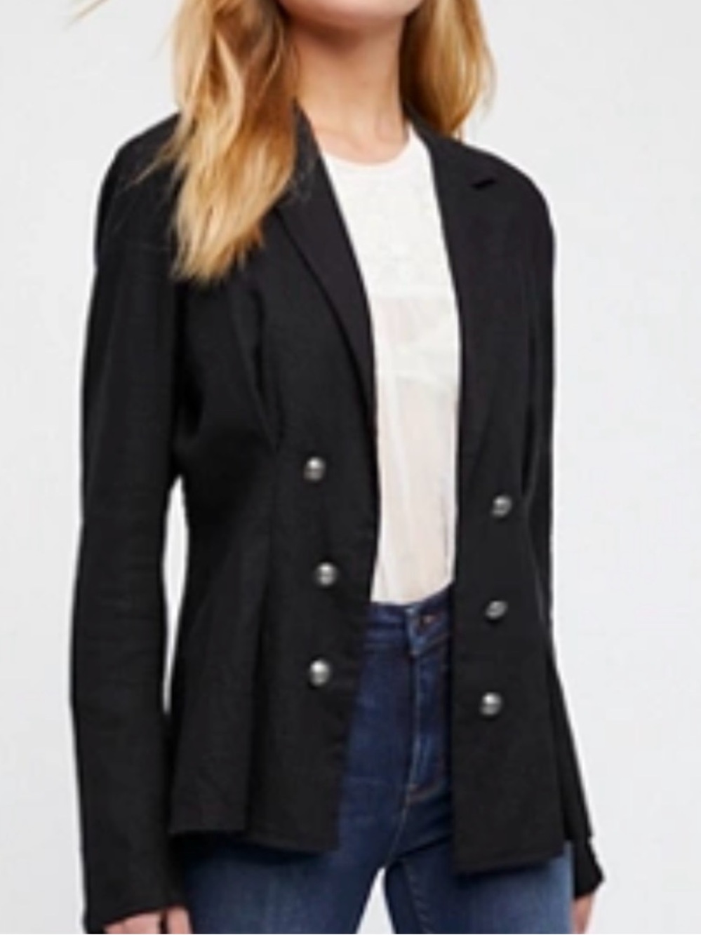 Free People Military Inspired Black Cinched Waist Linen Blazer XS